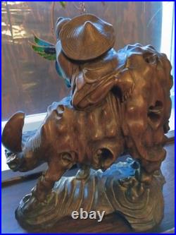 Vintage Chinese Art Carved Wooden Sculpture Boy Riding Water Buffalo Signed