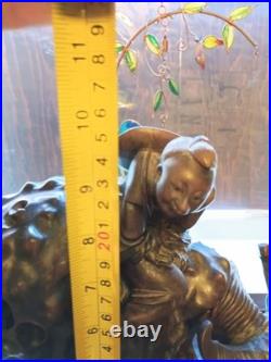 Vintage Chinese Art Carved Wooden Sculpture Boy Riding Water Buffalo Signed