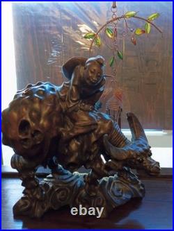 Vintage Chinese Art Carved Wooden Sculpture Boy Riding Water Buffalo Signed
