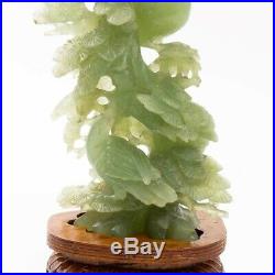 Vintage Chinese Carved Green Jade Statue Birds in Tree Sculpture 9.5 Wood Stand