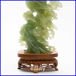 Vintage Chinese Carved Green Jade Statue Birds in Tree Sculpture 9.5 Wood Stand