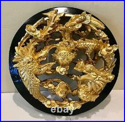 Vintage Chinese Phoenix and Dragon Scenery Wood Carving Gold Gilt Framed Panel