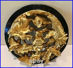 Vintage Chinese Phoenix and Dragon Scenery Wood Carving Gold Gilt Framed Panel