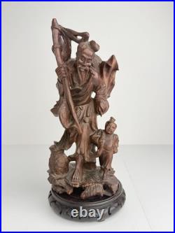 Vintage Chinese Style Hand Carved Wood Fisherman & Child Statue 12 Asian Art