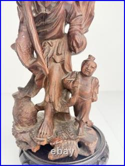 Vintage Chinese Style Hand Carved Wood Fisherman & Child Statue 12 Asian Art