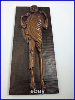 Vintage Ecuadorian Hand Carved Wood Relief Plaque Signed Yépez 21x9