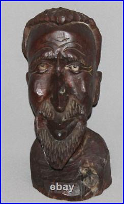 Vintage European Abstract Hand Carved Wood Man Bust Sculpture
