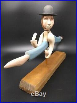 Vintage Folk Art Amish Wood Sculpture Signed'88 Man in Hat, Movable Head & Arms