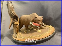 Vintage Folk Art Carved Painted Wooden Kodiak Bear Salmon Signed Dated Carving