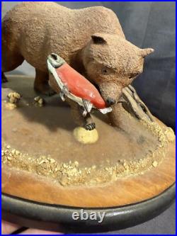 Vintage Folk Art Carved Painted Wooden Kodiak Bear Salmon Signed Dated Carving Vintage Folk Art Carved Painted Wooden Kodiak Bear Salmon Signed Dated Carving