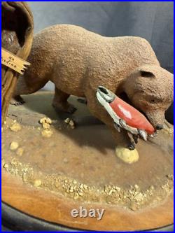 Vintage Folk Art Carved Painted Wooden Kodiak Bear Salmon Signed Dated Carving
