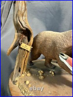Vintage Folk Art Carved Painted Wooden Kodiak Bear Salmon Signed Dated Carving