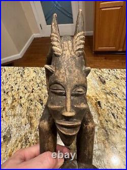 Vintage Folk Art Devil Demon Gargoyle Horned Beast Hand Carved Wood Sculpture