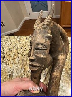 Vintage Folk Art Devil Demon Gargoyle Horned Beast Hand Carved Wood Sculpture