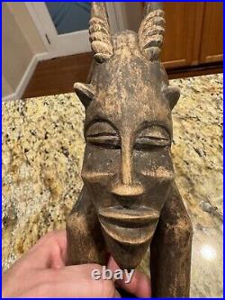 Vintage Folk Art Devil Demon Gargoyle Horned Beast Hand Carved Wood Sculpture