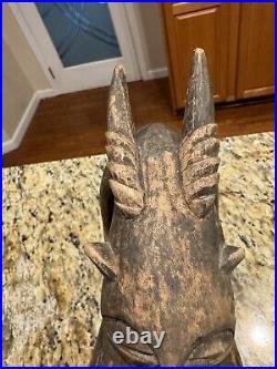 Vintage Folk Art Devil Demon Gargoyle Horned Beast Hand Carved Wood Sculpture