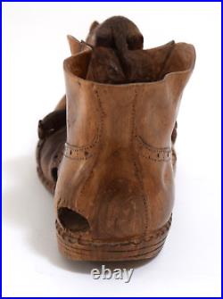 Vintage Folk Art Whimsical Wood Carving Boot shoe Mice Rodents house