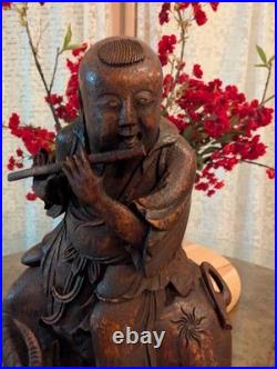 Vintage Hand-Carved Bamboo Sculpture Asian Musical Scene Flute Player on Wat
