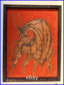 Vintage Hand Carved Buffalo Wall Art on Red Fabric Unique Mid-Century 36x48in