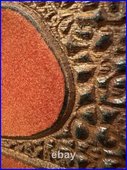 Vintage Hand Carved Buffalo Wall Art on Red Fabric Unique Mid-Century 36x48in