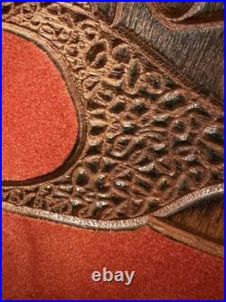 Vintage Hand Carved Buffalo Wall Art on Red Fabric Unique Mid-Century 36x48in