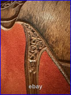 Vintage Hand Carved Buffalo Wall Art on Red Fabric Unique Mid-Century 36x48in