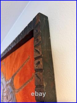 Vintage Hand Carved Buffalo Wall Art on Red Fabric Unique Mid-Century 36x48in