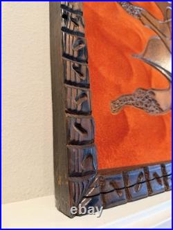 Vintage Hand Carved Buffalo Wall Art on Red Fabric Unique Mid-Century 36x48in