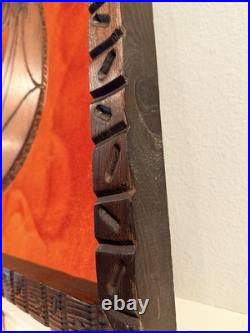 Vintage Hand Carved Buffalo Wall Art on Red Fabric Unique Mid-Century 36x48in