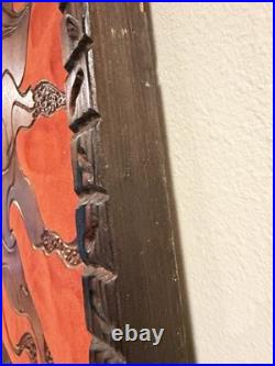 Vintage Hand Carved Buffalo Wall Art on Red Fabric Unique Mid-Century 36x48in