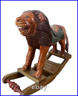 Vintage Hand Carved Folk Art Wooden Rocking Lion 13x 9 Vintage Hand Carved Folk Art Wooden Rocking Lion 13x 9
