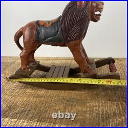 Vintage Hand Carved Folk Art Wooden Rocking Lion 13x 9 Vintage Hand Carved Folk Art Wooden Rocking Lion 13x 9
