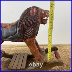 Vintage Hand Carved Folk Art Wooden Rocking Lion 13x 9 Vintage Hand Carved Folk Art Wooden Rocking Lion 13x 9