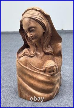 Vintage Hand Carved Madonna and Child Bust Wood Carving 10.5 Statue Sculpture
