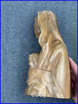 Vintage Hand Carved Madonna and Child Bust Wood Carving 10.5 Statue Sculpture