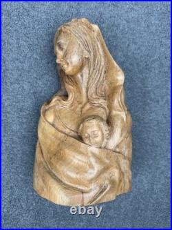 Vintage Hand Carved Madonna and Child Bust Wood Carving 10.5 Statue Sculpture
