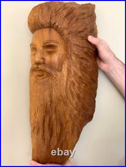 Vintage Hand Carved OAK Wood Man Face WIND Tree Sculpture 18 Hanging Art Signed
