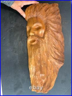 Vintage Hand Carved OAK Wood Man Face WIND Tree Sculpture 18 Hanging Art Signed