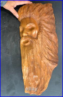 Vintage Hand Carved OAK Wood Man Face WIND Tree Sculpture 18 Hanging Art Signed