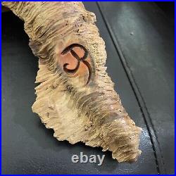 Vintage Hand Carved Redwood Old Man In A Tree Carving Signed R