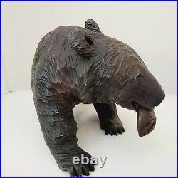 Vintage Hand Carved Solid Wood Black Bear Holding Fish in Mouth Statue Figure