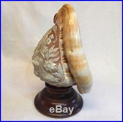 Vintage Hand Carved Three Graces Shell Cameo Lamp Nightlight Sculpture Wood Base