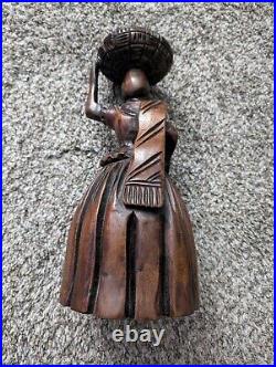 Vintage Hand Carved Wood Art Hand Sculpture Woman Basket