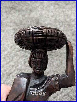 Vintage Hand Carved Wood Art Hand Sculpture Woman Basket