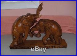 Vintage Hand Carved Wood Elephants Combat Sculpture Statue Figurine