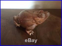 Vintage Hand Carved Wood Frog Figure Toad Sculpture Wooden Lizard