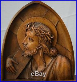 Vintage Hand Carved Wood Jesus Carrying the Cross Statue Sculpture Signed