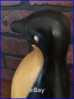 Vintage Hand Carved Wood Penguin Folk Art Sculpture Brass Base