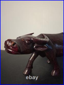 Vintage Hand Carved Wood Water Buffalo Figurine Mid Century Asian Art Sculpture