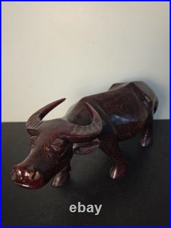 Vintage Hand Carved Wood Water Buffalo Figurine Mid Century Asian Art Sculpture